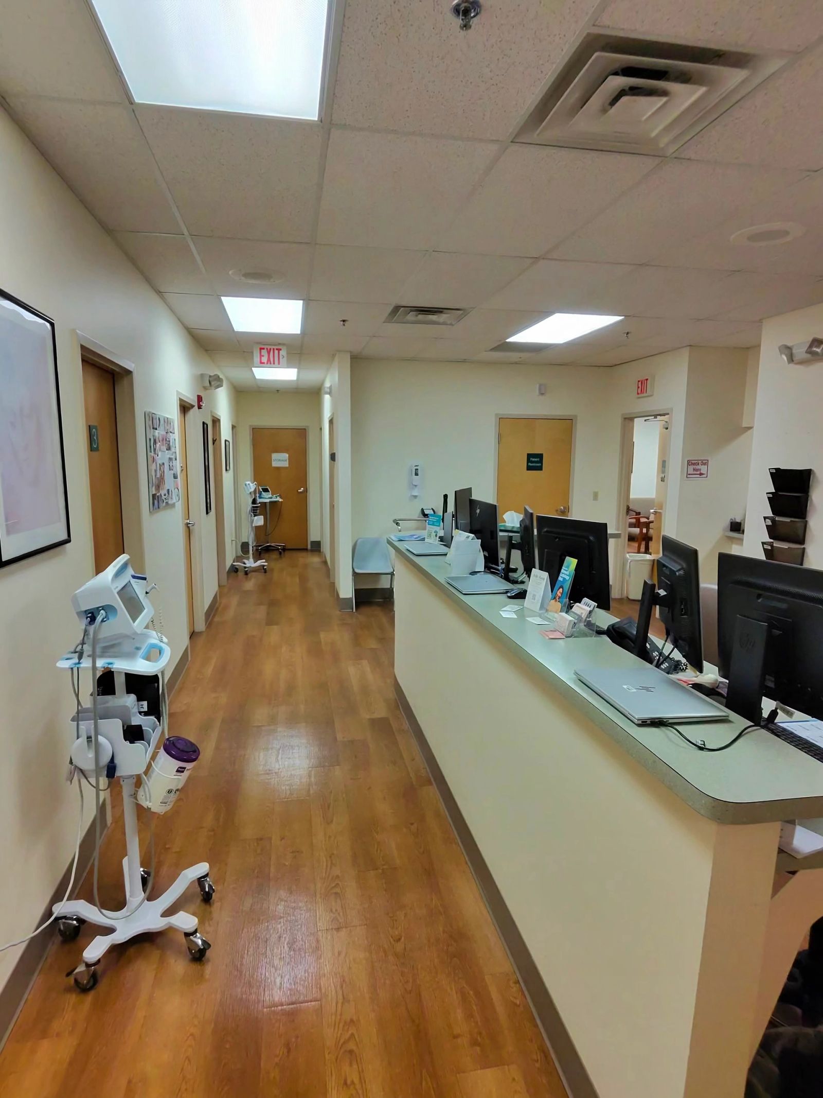 Medical office front desk and corridor after cleaning