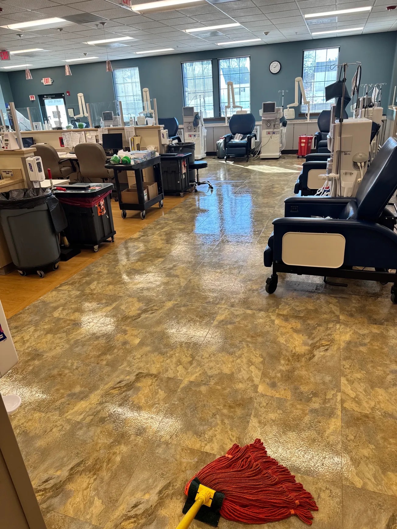 Dialysis floor cleaning in progress
